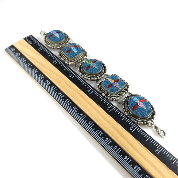 Art Crafted Five Linked Bracelet, Silver Tone, Iridescent Design, 1960s Vintage - Picture 8 of 10